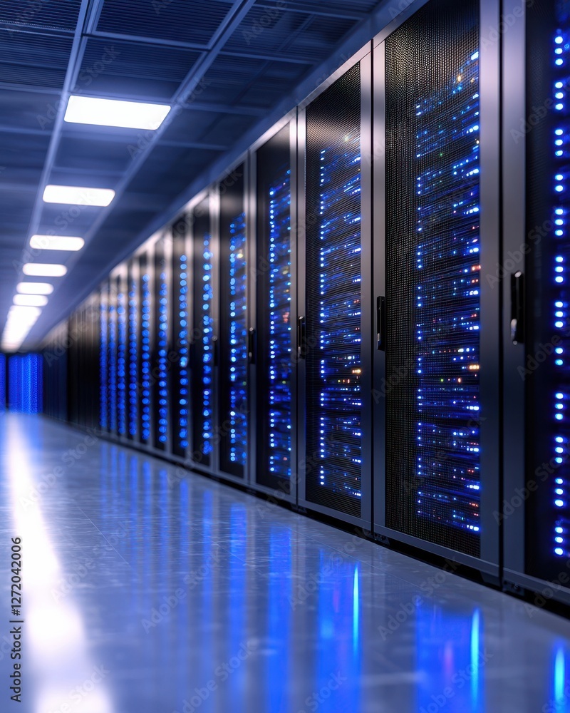 Poster illuminated server room with rack mounted servers and blue led lights in a modern data center enviro