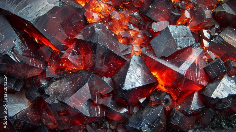 Poster intricate red crystals shine with bright orange and black tones, creating a stunning visual effect t