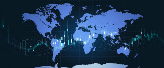 A high-tech digital world map with dynamic financial graphs and data, symbolizing global market trends, financial analysis, and the interconnectedness of world economies