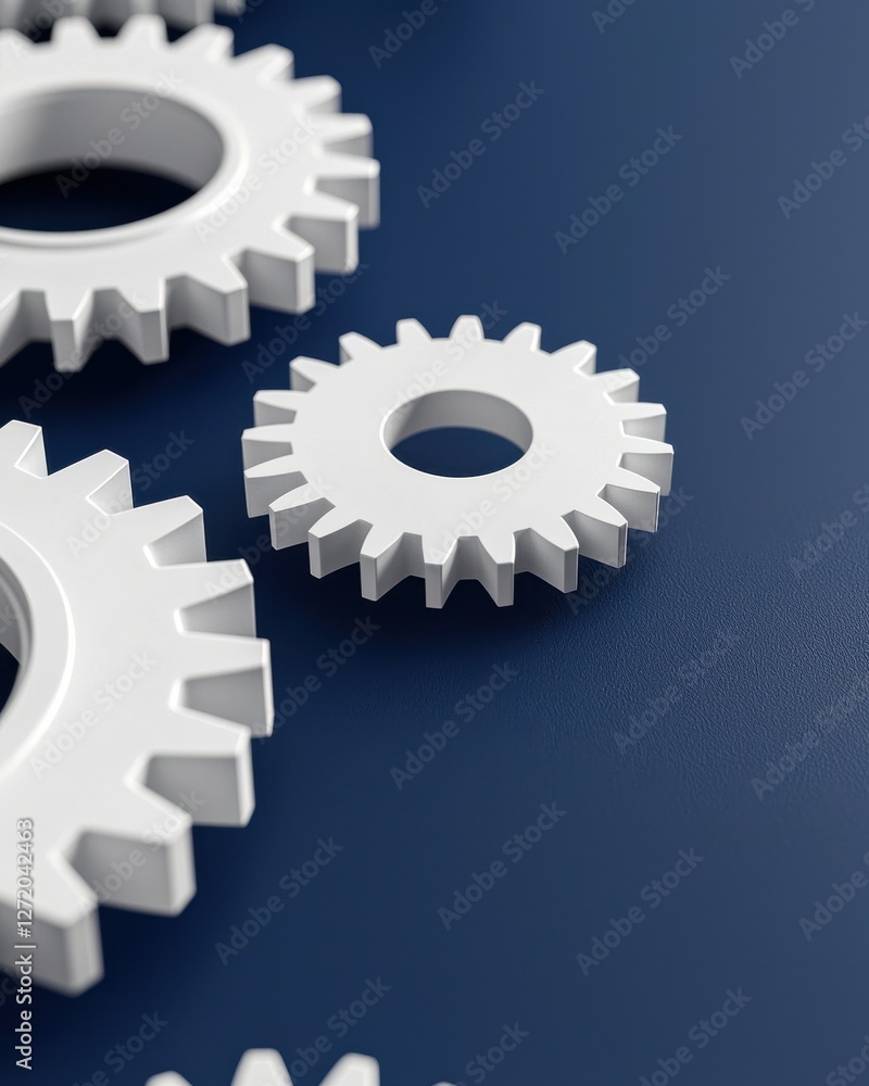 Poster close-up view of white gears on dark background for industrial and mechanical concepts in creative d