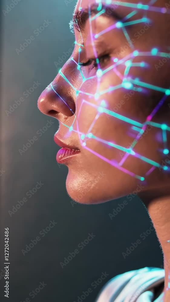 Poster futuristic facial recognition with interactive light patterns on skin