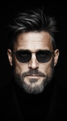 Obraz premium Man with beard and sunglasses poses against a dark background capturing a bold and thoughtful expression