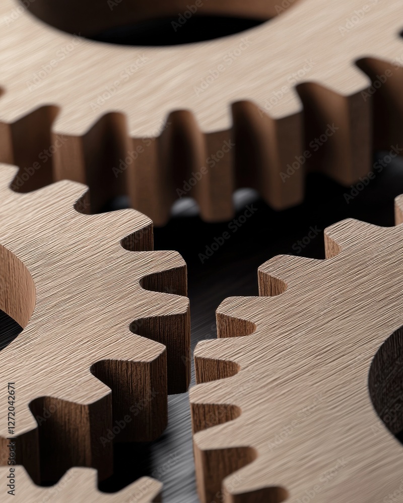 Poster close-up view of interlocking wooden gears on dark background showcasing texture and detail