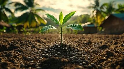 New coffee sprout in fertile soil, sunrise over village