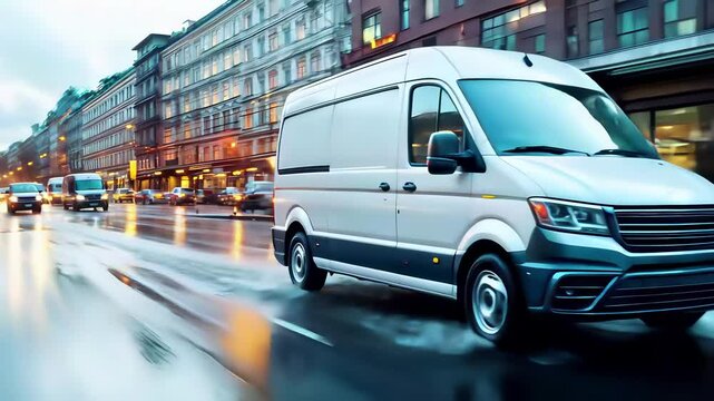 Commercial delivery van in urban traffic during rainy evening. White cargo vehicle with motion blur on wet street. Express logistics transport with dynamic reflections and city lights.