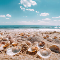 On the sandy beach by the sea there are seashells scattered about It s the perfect spot for a relaxing seaside vacation with plenty of copy space image.