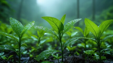 Obraz premium Fresh sprouts in misty forest
