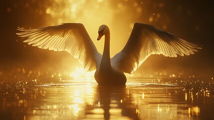 Stunning swan spreading wings under magical golden light high resolution photo