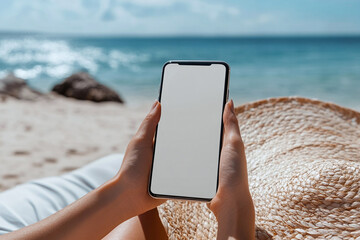 Mockup image of a woman holding and using mobile phone with isolated blank desktop screen white sitting on the beach