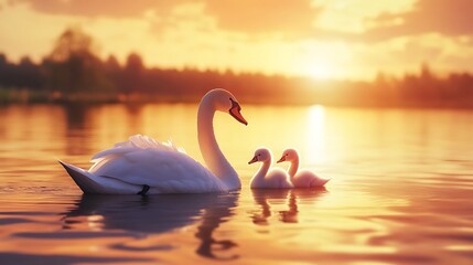 Fototapeta premium Swan family swimming together in peaceful scenic landscape high resolution photo