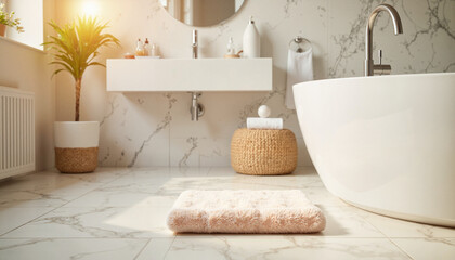 Luxurious bathroom with plush kneeling pad and marble flooring, comfort