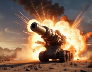 Explosion from artillery cannon firing shell in air, artillery cannon explosion, explosive burst, shell launch