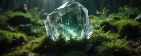 Faint luminescent aura surrounds a glowing crystal nestled in a bed of moss, luminescent, earthy, glow