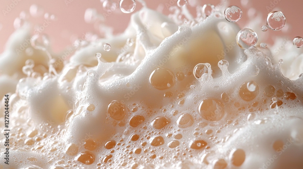 Poster A mesmerizing display of soap foam with delicate bubbles reflecting light. The texture showcases a blend of creaminess and airiness, inviting exploration of its soft, frothy details