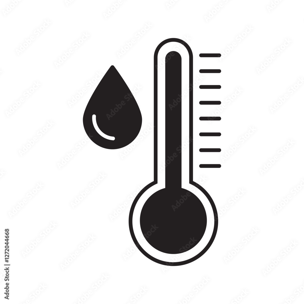 Poster water temperature indicator silhouette and line icon . mercury thermometer and water drop color pict