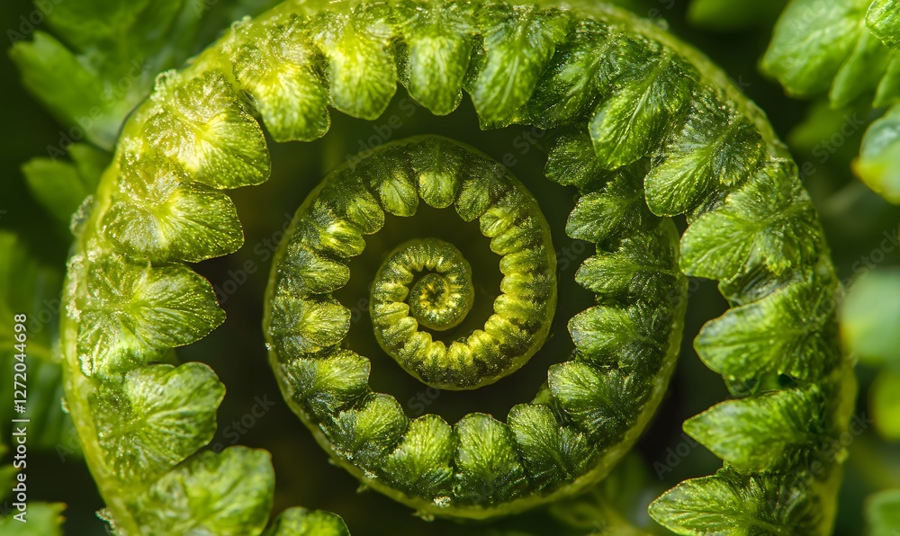 Poster unfurling fern fiddlehead macro spiraling into springtime with detail