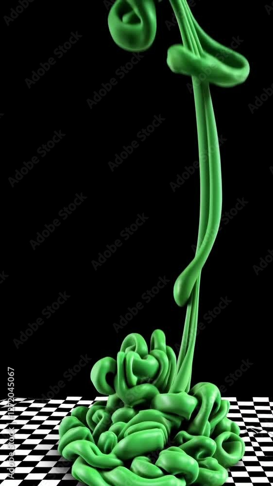 Poster dynamic green fluid motion over checkered surface in abstract art sequence