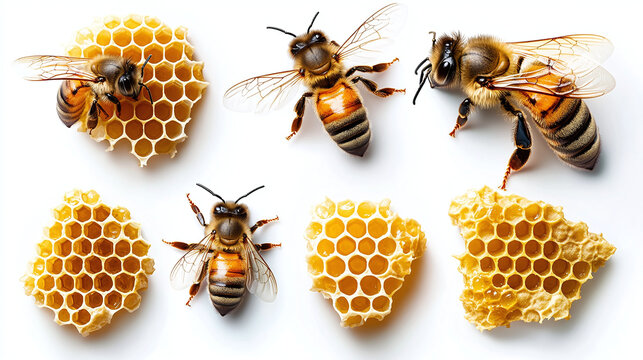 Honeycomb with bees, set of bees isolated on white. Piece of honey in honeycomb. Honey in the combs.