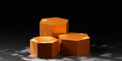Abstract Orange Hexagonal Display podium on Dark Background