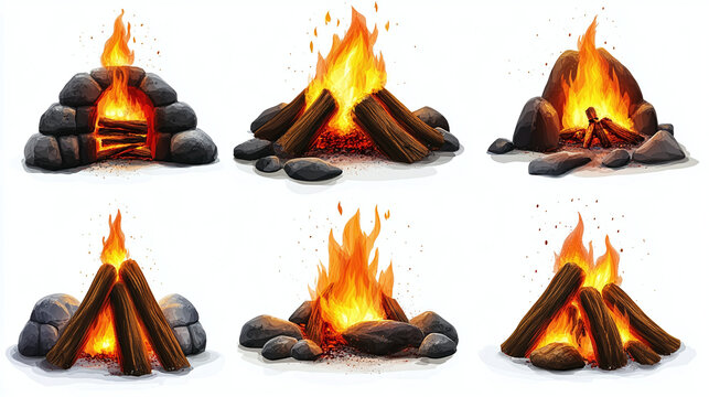Firewood set of icons with burning flame and woods symbols. Isolated on white background. Warning safety signs and camping fireplace emblems illustration.