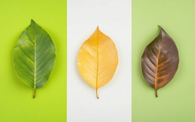 Obraz premium Three unique leaves in a minimalist flat lay on a green backdrop
