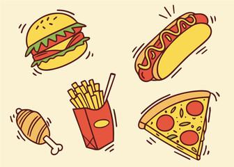 Set of fast food colorful doodles on a white background. Fast food cartoon elements collection