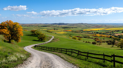 Winding country road through autumnal hills