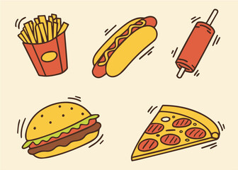 Set of fast food colorful doodles on a white background. Fast food cartoon elements collection