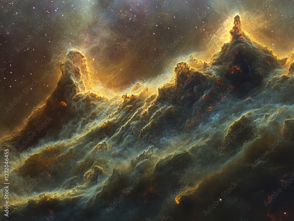 Poster dark nebula obscuring starlight in cosmic clouds outer space digital art ethereal environment wide v