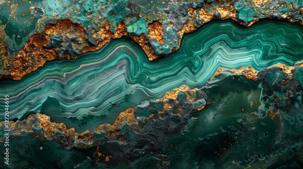 Poster intricate layers of green agate mixed with gold highlight the unique textures and patterns of a geol