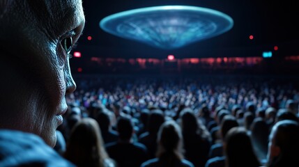 An enigmatic alien figure gazing at a packed audience under a hovering UFO, evoking feelings of curiosity, wonder, and the unknown in an extraordinary setting.