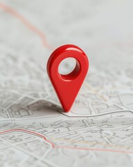 Fototapeta premium Bright Red Location Pin Positioned on Detailed City Map for Navigation and Travel Purposes