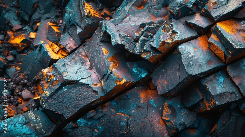 Poster a close up view of fragmented rock surfaces reveals an array of colors and textures. bright orange, 