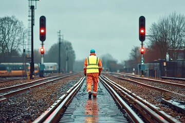 Naklejka premium Railway worker walking along train tracks