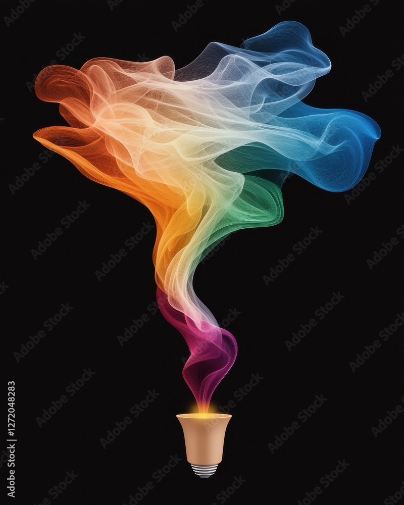 Poster colorful smoke flowing from a light bulb creating an artistic abstract display on a black background