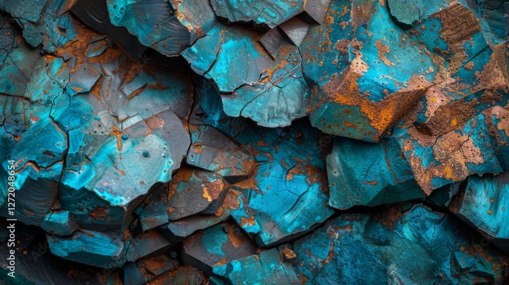Leinwandbilder Striking turquoise mineral formations create a captivating visual display with unique textures and rich colors, highlighting the beauty of natural geology in daylight.