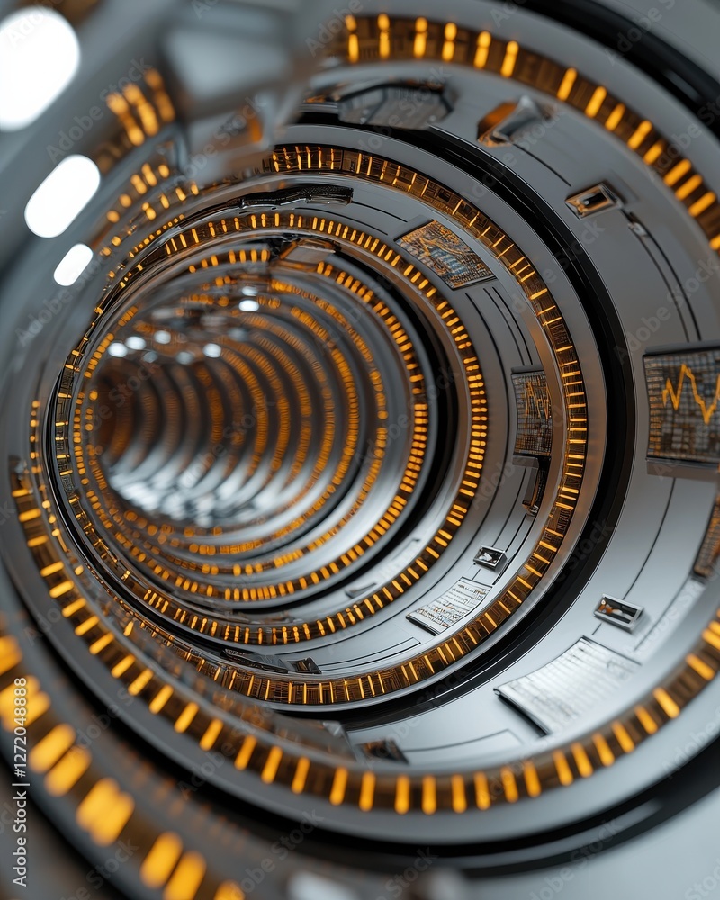 Poster intricate circular tunnel design with illuminated details and futuristic technology elements