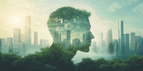 Urban serenity lush green parks and towering skyscrapers cityscape collage tranquil environment