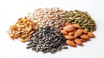 A diverse mix of sunflower, sesame, linseed, and pumpkin seeds piled together and isolated on a white background. A top-down perspective