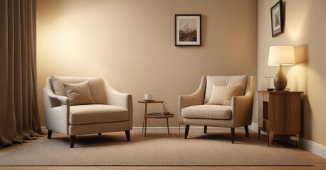 Fototapeta premium Cozy reading nook with a comfortable armchair and side table against a soothing beige backdrop, brown, reading nook