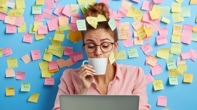 Stressed businesswoman drinking coffee and working on laptop, having many colorful sticky notes on blue wall, experiencing multitasking and deadline, trying to manage her working time properly - Powered by Adobe