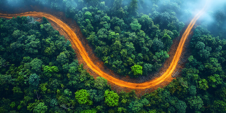 Winding dirt road cuts through a dense tropical rainforest, highlighting contrast between untouched nature and human impact. Striking aerial view showcasing deforestation and environmental change