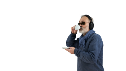 Adult gray-haired man in headphones with a cup of coffee.  A music lover and coffee drinker. Png.