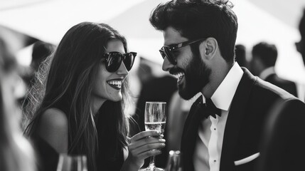Couple laughing, champagne, outdoor party, luxury event