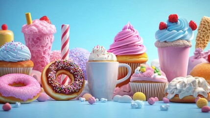 A vibrant collection of treats fills the space, featuring cupcakes, donuts, and milkshakes in an enchanting pastel color palette. Each sweet offers a unique charm and allure