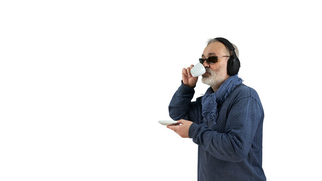 Adult gray-haired man in headphones with a cup of coffee.  A music lover and coffee drinker. Png.