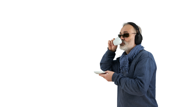 Adult gray-haired man in headphones with a cup of coffee. A music lover and coffee drinker. Png.