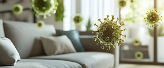 3D rendering of green virus particles floating in the air in a living room setting, symbolizing contamination, airborne diseases, and the spread of infections in home environments.