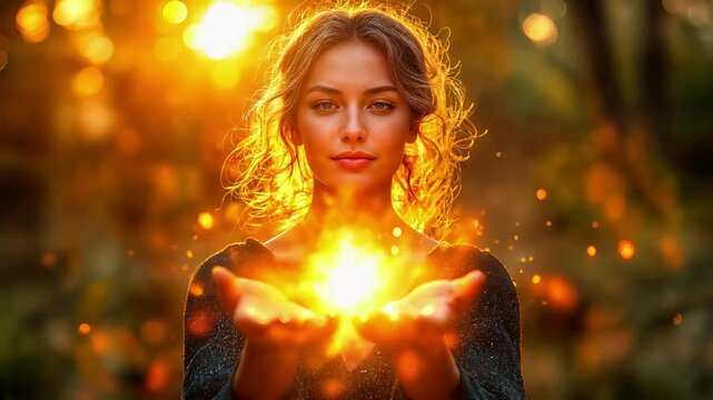 Beautiful young woman with glowing magical light in her hands. Enchanted female portrait with golden sunlight, ethereal bokeh and supernatural energy sparks in mystical forest setting