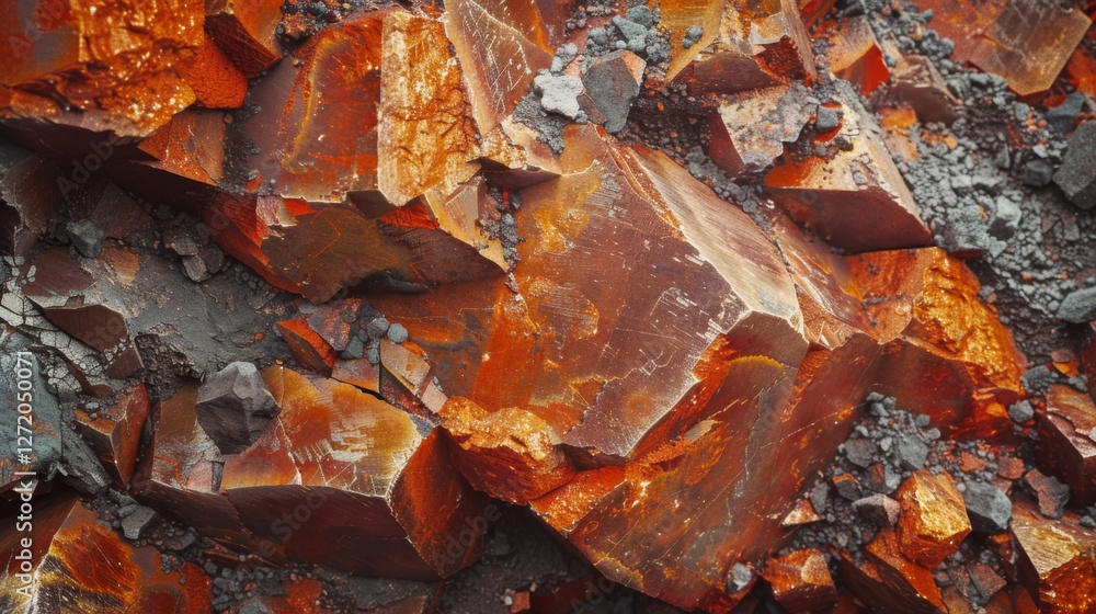 Poster Deep orange and reddish mineral formations create a striking visual contrast with the surrounding rocky terrain. Sunlight enhances the vibrant colors and textures of the minerals.
